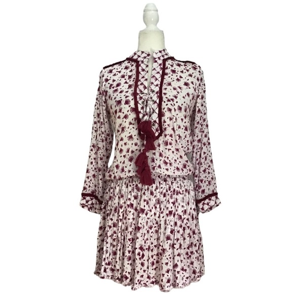 POUPETTE ST BARTH Donna Tunica Mini Dress in Rayon Georgette Print Purple Tassel - Picture 10 of 11